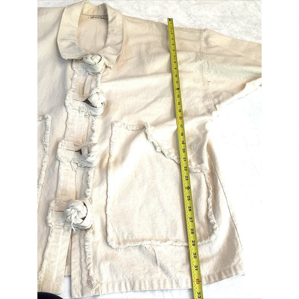 Vtg 70s Handmade Raw Edge Canvas Jacket Men Women Unlined Toggle Oversized Boho